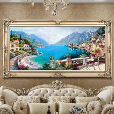 歐式客廳手繪油畫地中海風景餐廳掛畫山水壁畫沙發背景墻畫裝飾畫